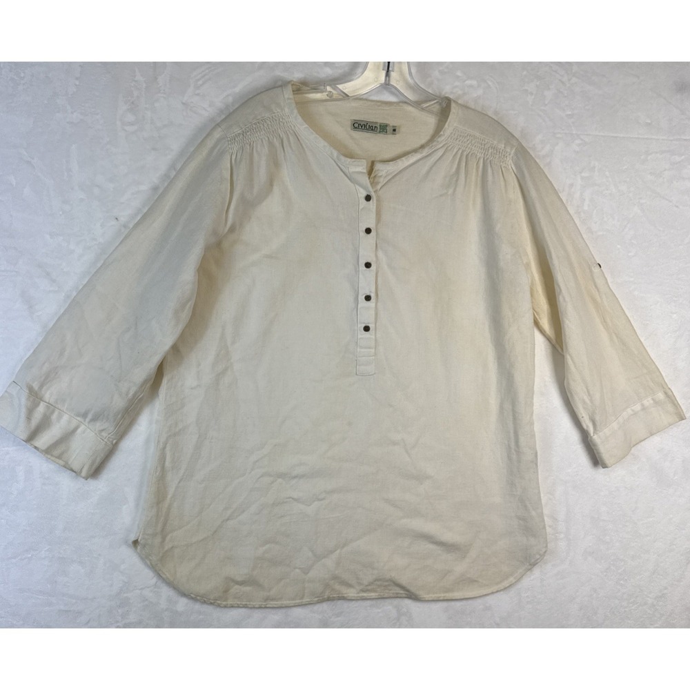 Civilian Tunic Cotton/Flax Beige Roll Tab,3/4 Sleeve Pop Over Relaxed Sz 16